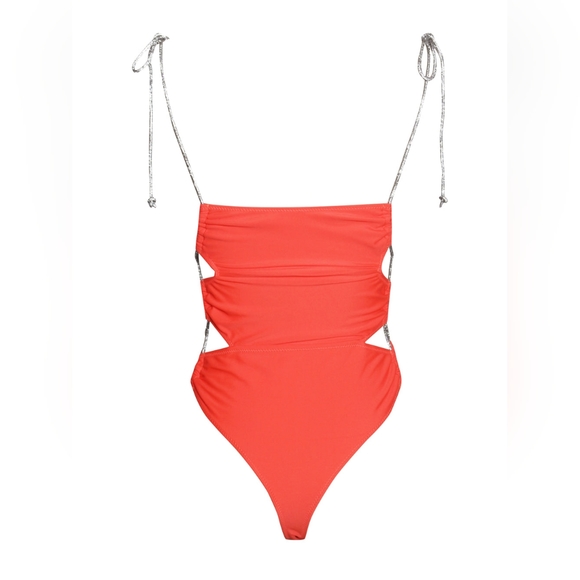 🧡Beverly Orange Red Crystal Lace Up One Piece Swimsuit - Picture 13 of 14